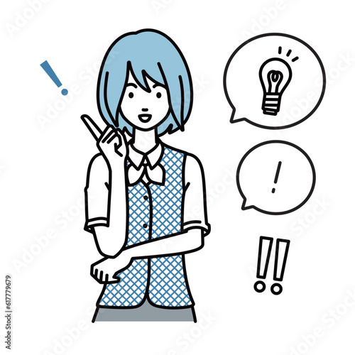 a woman in clerical uniform getting a great idea standing with pointing hand gesture light bulb and exclamation symbol set