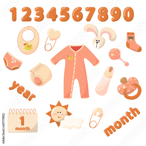 Baby sticker set. First year of life. Diapers, pacifier, rattles, calendar, clothes, panties, t-shirts, prints