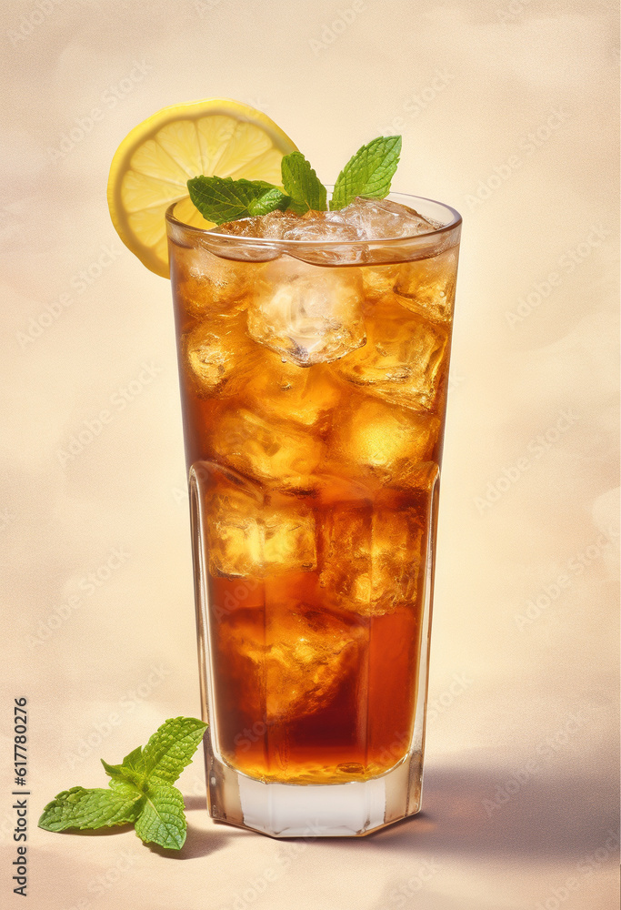 Long island iced tea on light rustic background. Summer cocktail with soda, lemon, ice and tea. Generative AI Long island iced tea on light rustic background. Summer cocktail with soda, lemon, ice and tea. Generative AI