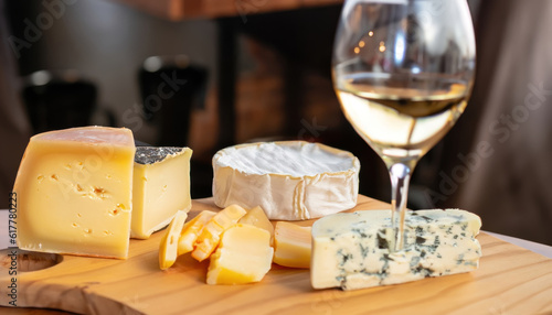 detail of a wooden board with cheese to eat on a restaurant table with a glass of wine