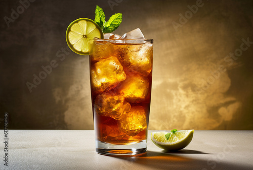 Long island iced tea on light rustic background. Summer cocktail with soda, lemon, ice and tea. Generative AI 