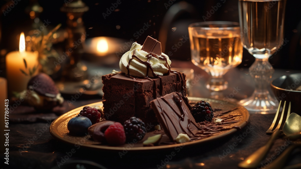 chocolate dessert presented on a beautifully styled table, surrounded by soft candlelight, exuding elegance and decadence, AI Generated