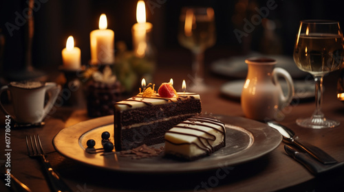 chocolate dessert cake with candles, AI-Generated