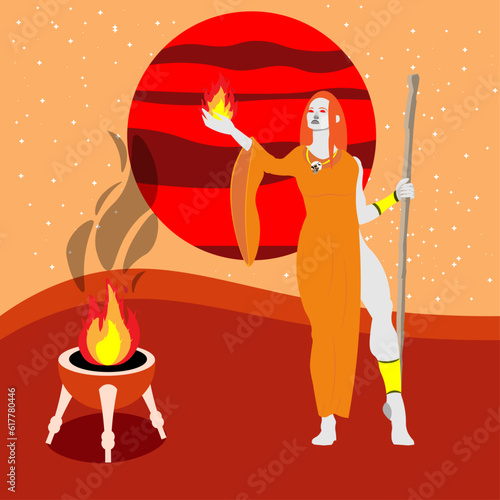 Vector witch with a  staff,  fryer, and the moon