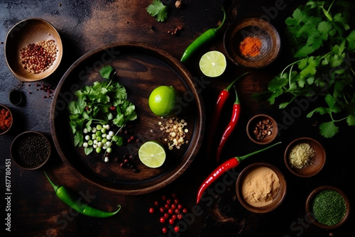 Spices and herbs on a wooden board. Pepper, salt, paprika, basil, turmeric. On a black wooden chalkboard. Top view. Free copy space