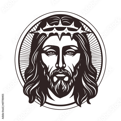 Vector Jesus Christ face silhouette isolated on white. Hand drawn vector illustration. Black Jesus icon logo	
