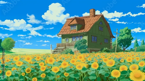 landscape with a house in the country and sunflowers Superb anime-styled and DnD environment