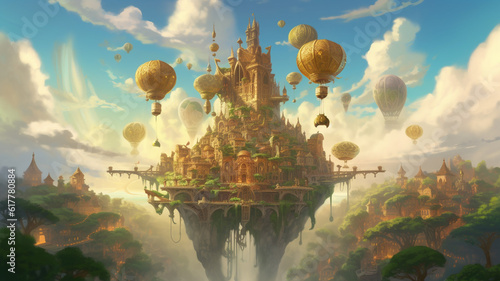 air balloon in the sky, fantasy floating city. Superb anime-styled and DnD environment