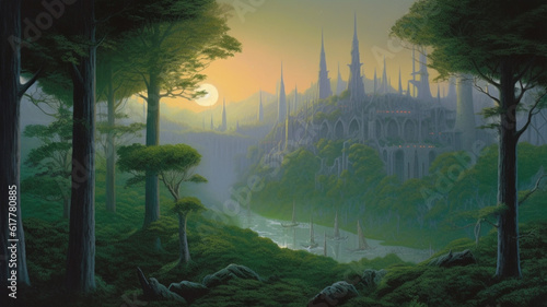 majestic elven city nestled within an ancient forest. Superb anime-styled and DnD environment