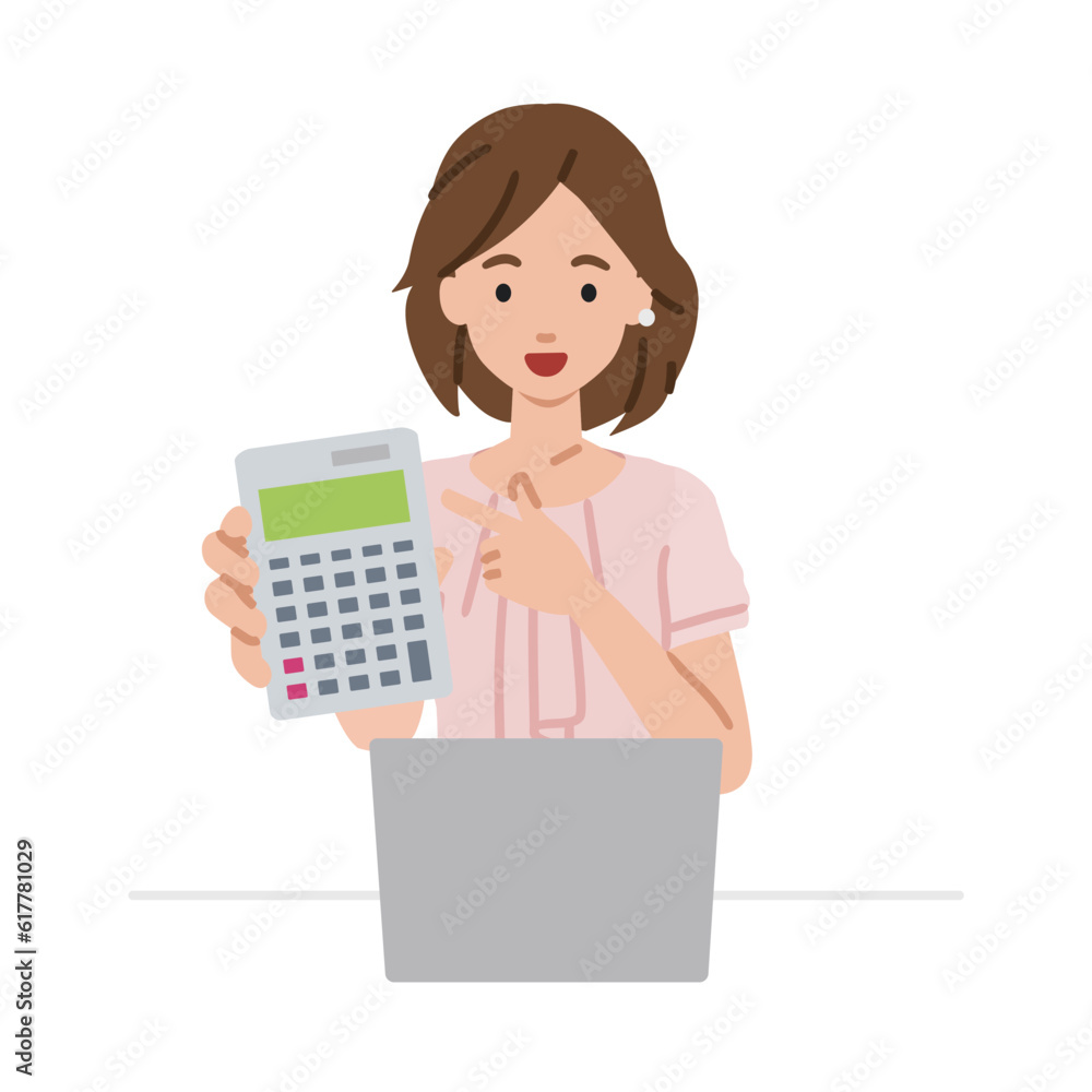 a woman in casual work style recommending, proposing, showing estimates and pointing a calculator with a smile in front of laptop pc a woman in casual work style recommending, proposing, showing estimates and pointing a calculator with a smile in front of laptop pc