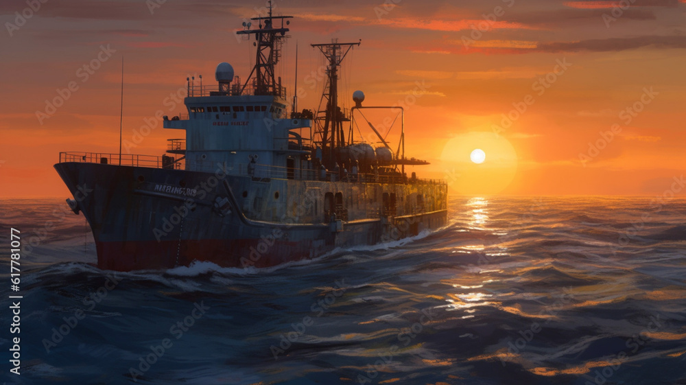 sunset over the sea and fishers ship Superb anime-styled and DnD environment