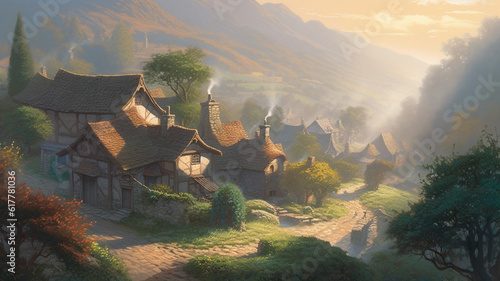 landscape with foggy village Superb anime-styled and DnD environment