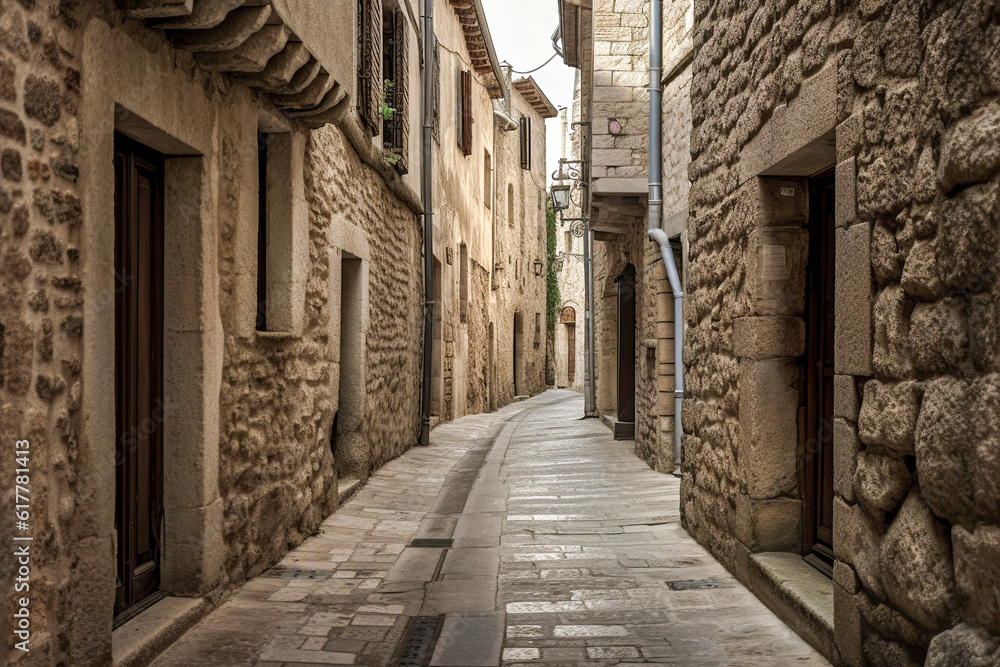 Fototapeta premium Whispers of History: Exploring the Enchanting Beauty of a Medieval Narrow Street, ai generative