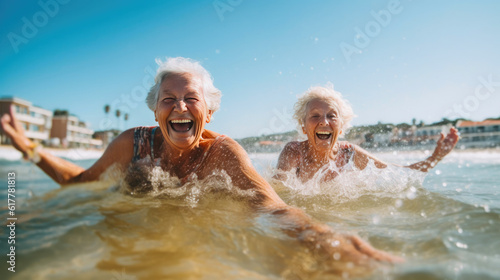 Aged friends laughing and playing under the blue sky. Generative AI © Andrii 