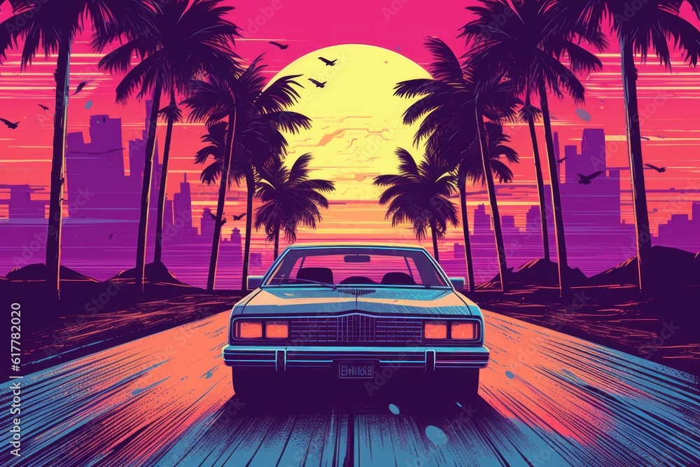 Summer vibes 80s style illustration with car driving into sunset