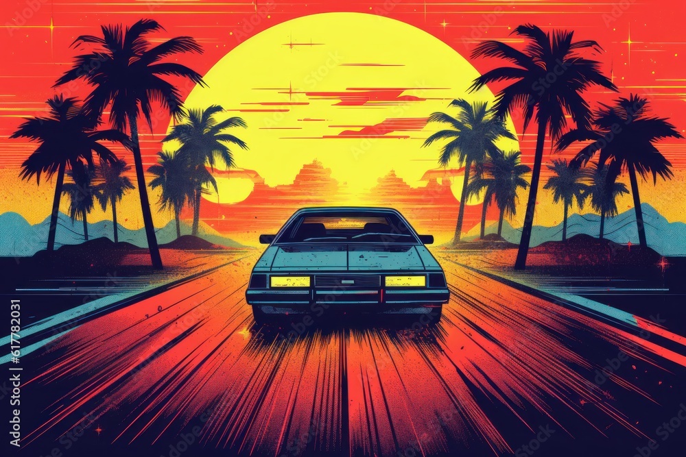 Summer vibes 80s style illustration with car driving into sunset. Generative AI 10