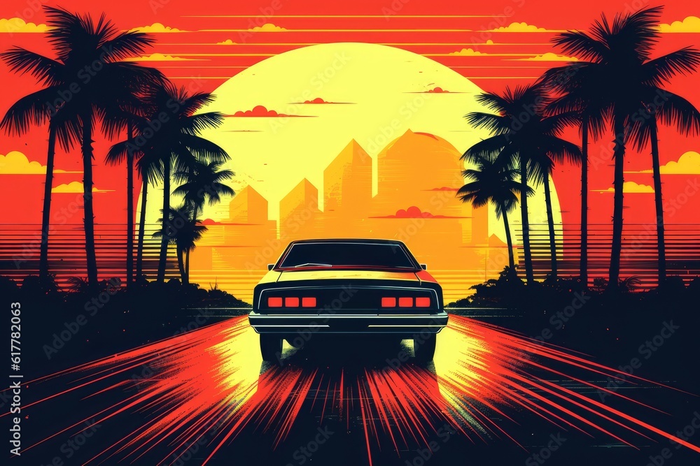 Summer vibes 80s style illustration with car driving into sunset. Generative AI 16
