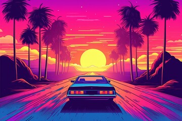 Leinwandbilder Rosa Summer vibes 80s style illustration with car driving into sunset. Generative AI 3  © MaVeRa
