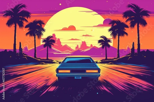 Summer vibes 80s style illustration with car driving into sunset. Generative AI © MaVeRa