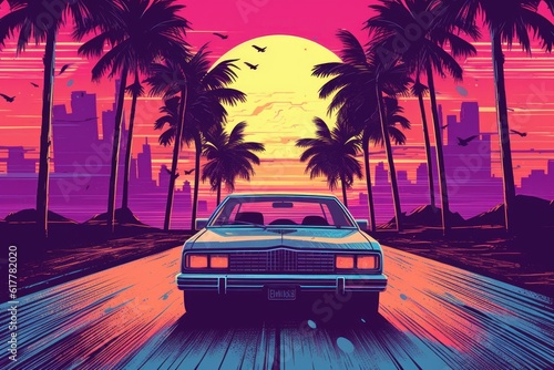Summer vibes 80s style illustration with car driving into sunset