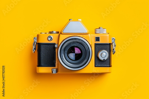 Photo camera on yellow background top view. Generative ai.