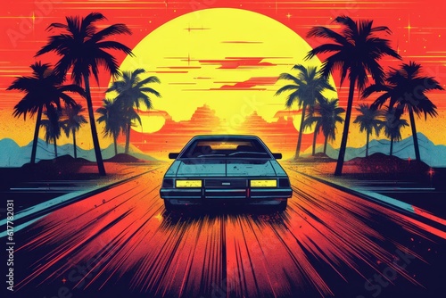 Summer vibes 80s style illustration with car driving into sunset. Generative AI 10 © MaVeRa
