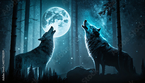 two wolves in the moonlight