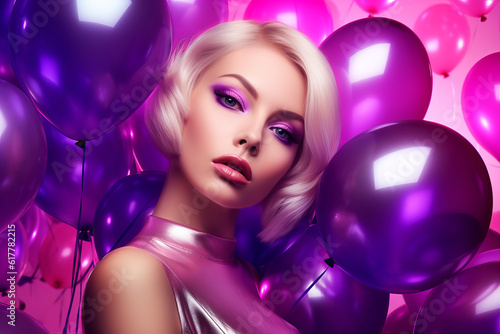 Woman in silver dress surrounded by purple and pink balloons and balloons. Generative AI.