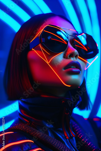 Woman wearing neon glasses and choker with neon lights on her face. Generative AI. © valentyn640
