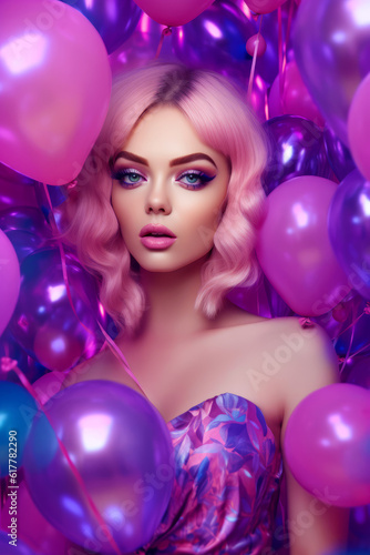 Woman with pink hair and blue eyes surrounded by purple and pink balloons. Generative AI.