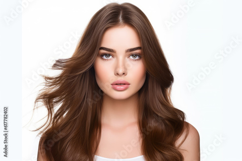 Woman with long brown hair is posing for picture with her hair blowing in the wind. Generative AI.