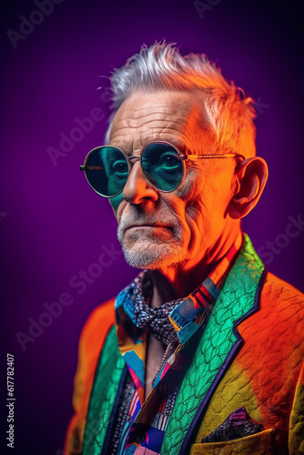 Older man with glasses and colorful shirt is looking at the camera. Generative AI. © valentyn640