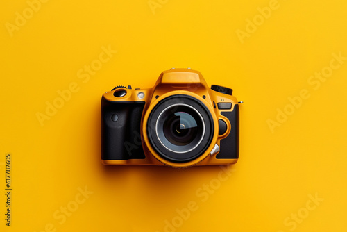 Photo camera on yellow background top view. Generative ai.
