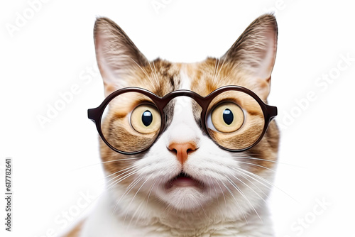Close-up Funny Portrait of Surprised Cat with Huge Eyes in Glasses. Isolated on White Background.