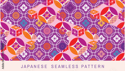 Traditional Japanese Seamless Pattern Background Fabric Patchwork with Waves, Sakura flowers, Chrysanthemum  Vector art vintage illustration for covers, packages, clothing, kimono, tetxile