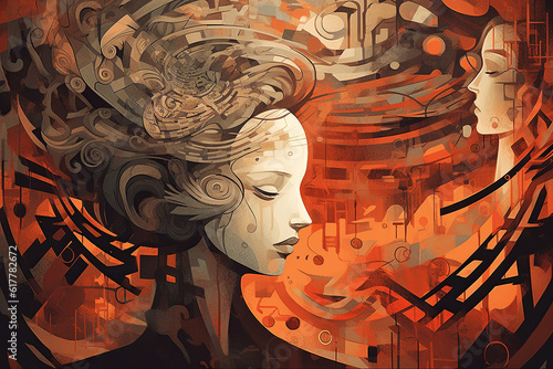 Abstract Artistic Graphic Collage Two Woman Face Portraits, Psychology, Stress, Schizophrenia Illustration