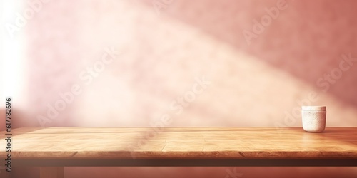 Wooden table and sun light shadow sage green copy space background, AI Generated