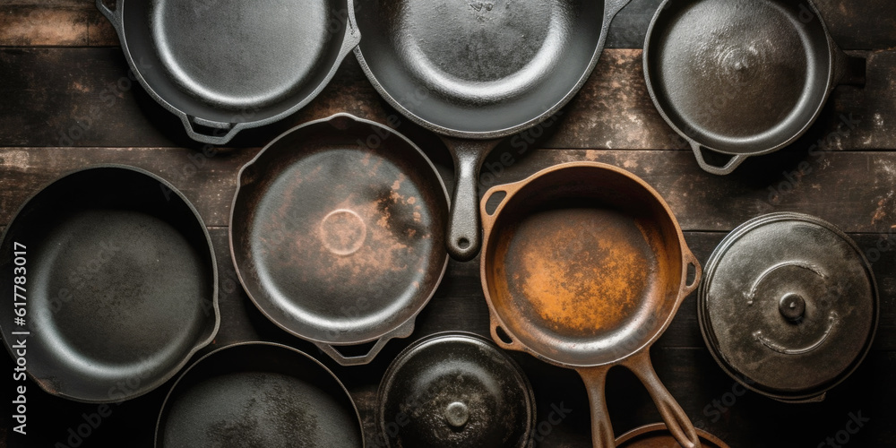 Cast iron cooking pans and utensils, top view Cast iron cooking pans and utensils, top view