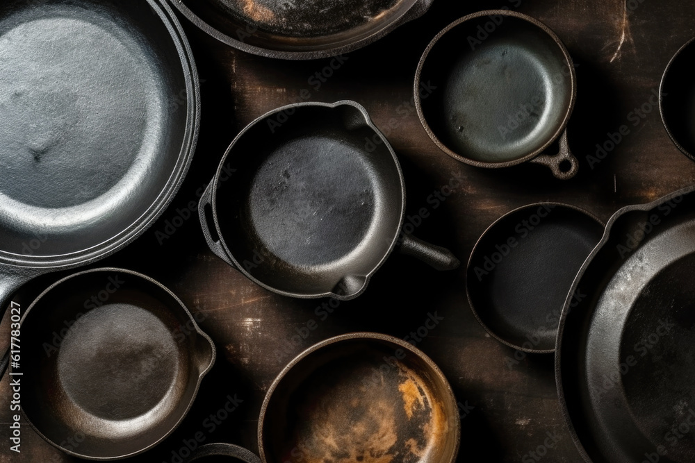 Cast iron cooking pans and utensils, top view Cast iron cooking pans and utensils, top view