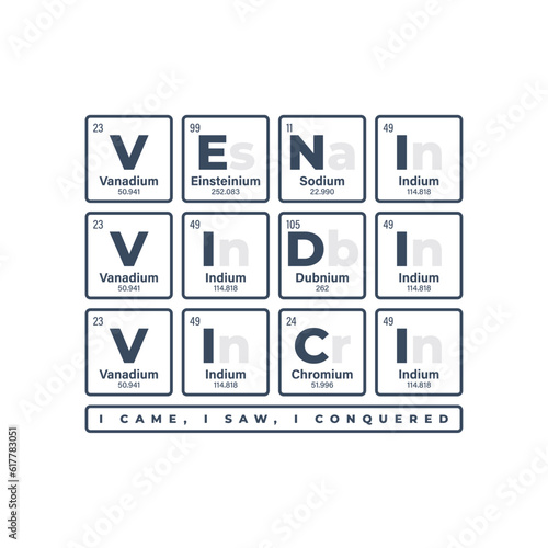 Vector inscription VENI VIDI VICI created using the individual elements of the periodic table. Text: I came, I saw, I conquered. Isolated on white background
