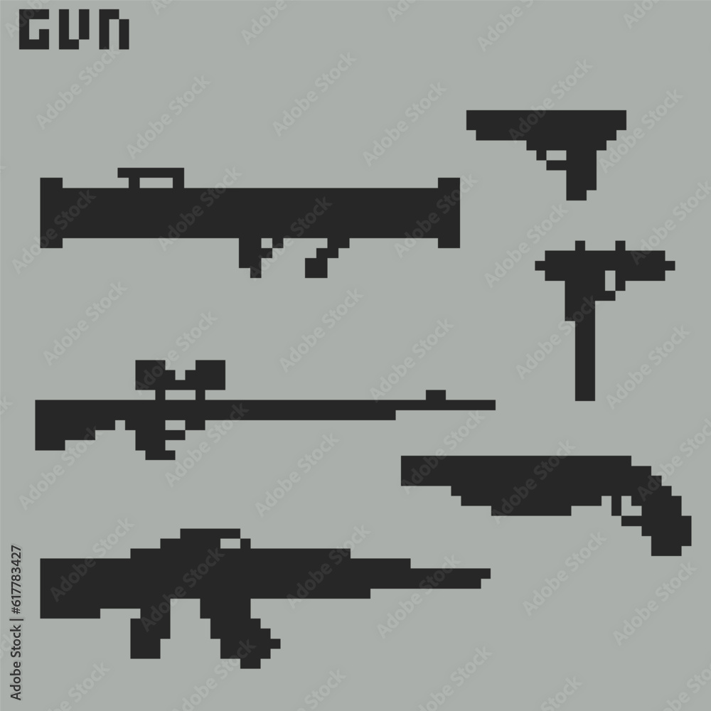 this is Gun icon in pixel art with black color with grey background this item good for presentations,stickers, icons, t shirt design,game asset,logo and your project.