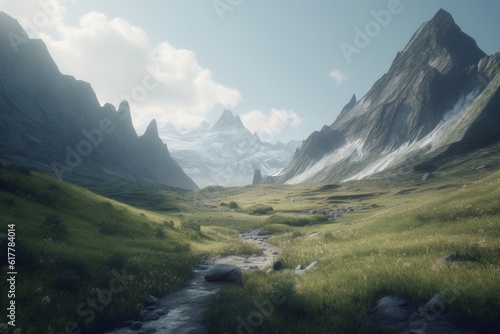 A minimalist landscape with a scenic mountain or valley  Generative AI