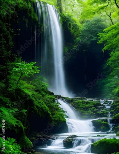 majestic waterfall cascading down in a hidden forest, surrounded by lush