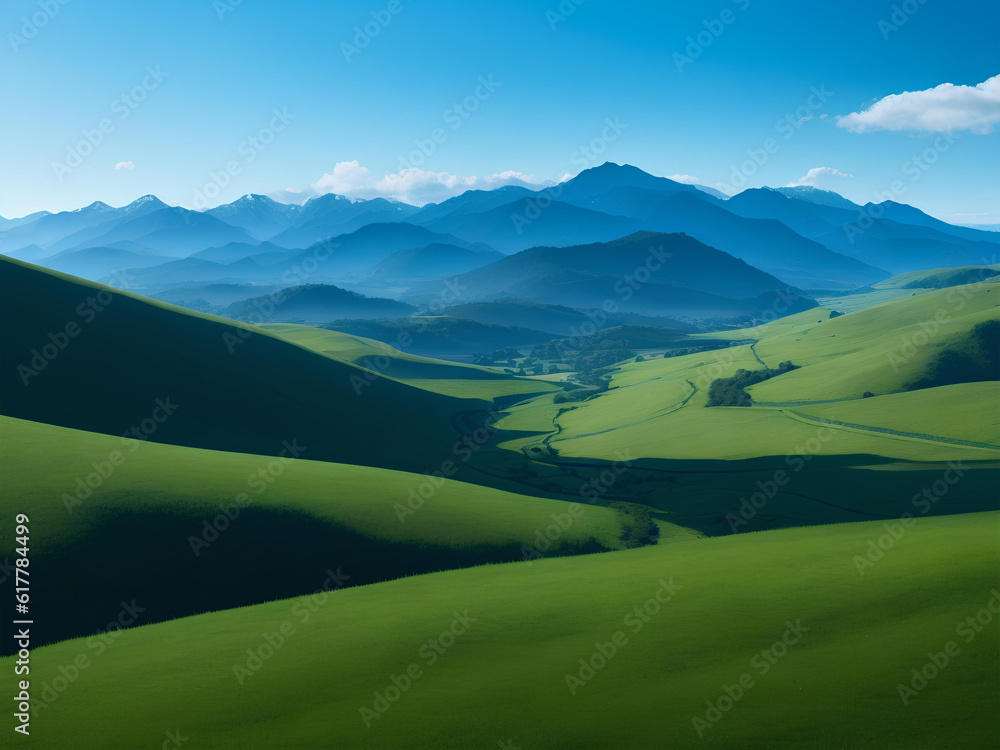 A rolling landscape of emerald hills, with a winding river snaking through the valley genereated by ai A rolling landscape of emerald hills, with a winding river snaking through the valley genereated by ai