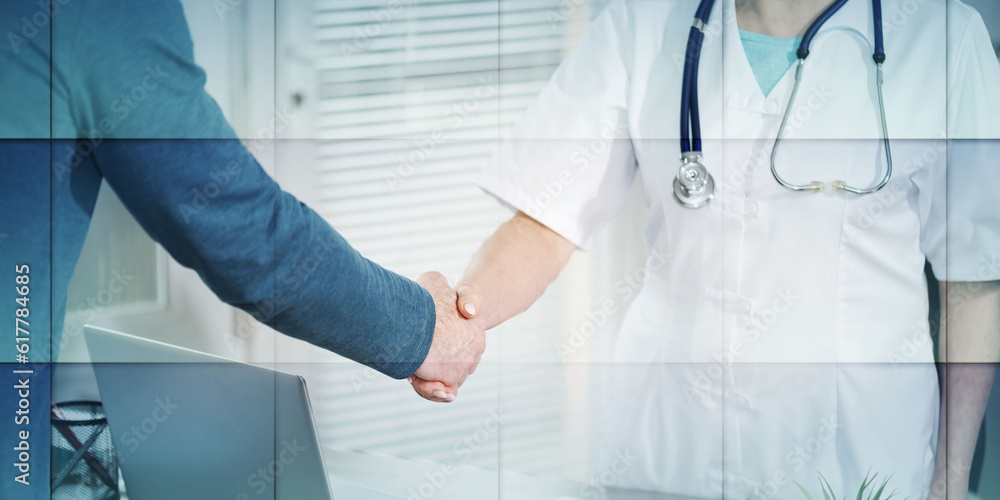 Handshake between doctor and patient, geometric pattern Handshake between doctor and patient, geometric pattern