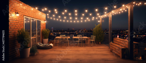 Summer night, evening party on the rooftop of suburban house. Place for rest,party, tea drinking. outdoors vacation concept. Interior design.Generative ai 
