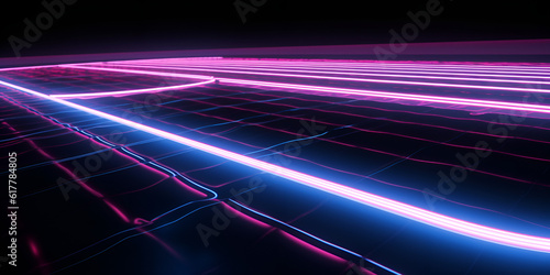 A dark room with a neon light on the floor and a blue and pink strip .generative Ai