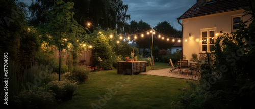 Summer evening on the patio of suburban house with garden,backyard forniture,lamp garland.Place for rest,party,tea drinking,reading books,breakfast.outdoors vacation concept.Interior design.Generative