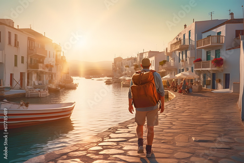 Tourist man with backpack at vacation in font of Mykonos ai generated art