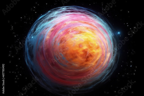 Celestial Spectacle: Witness a vibrant cosmic dance as a stellar body emits a burst of radiant light and energy. The scene unfolds against a dark, star-studded expanse.